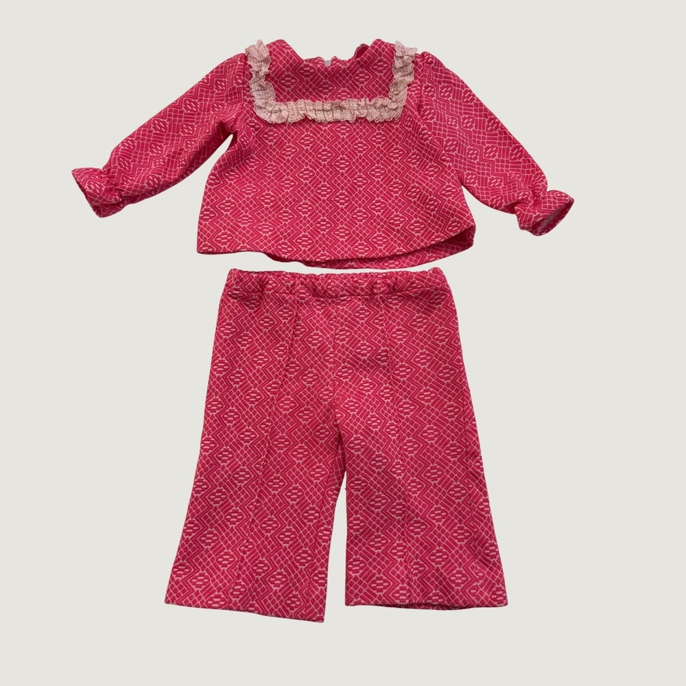 Vintage 1970s Baby Girl 2 Piece Outfit Approx 6-12M Pink Lace Handmade Look